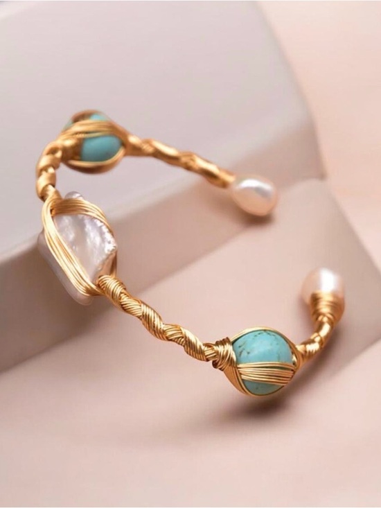 Jewelry - Turquoise & Pearl Wire-Wrapped Cuff Bracelet 18KT Gold Plated NWT